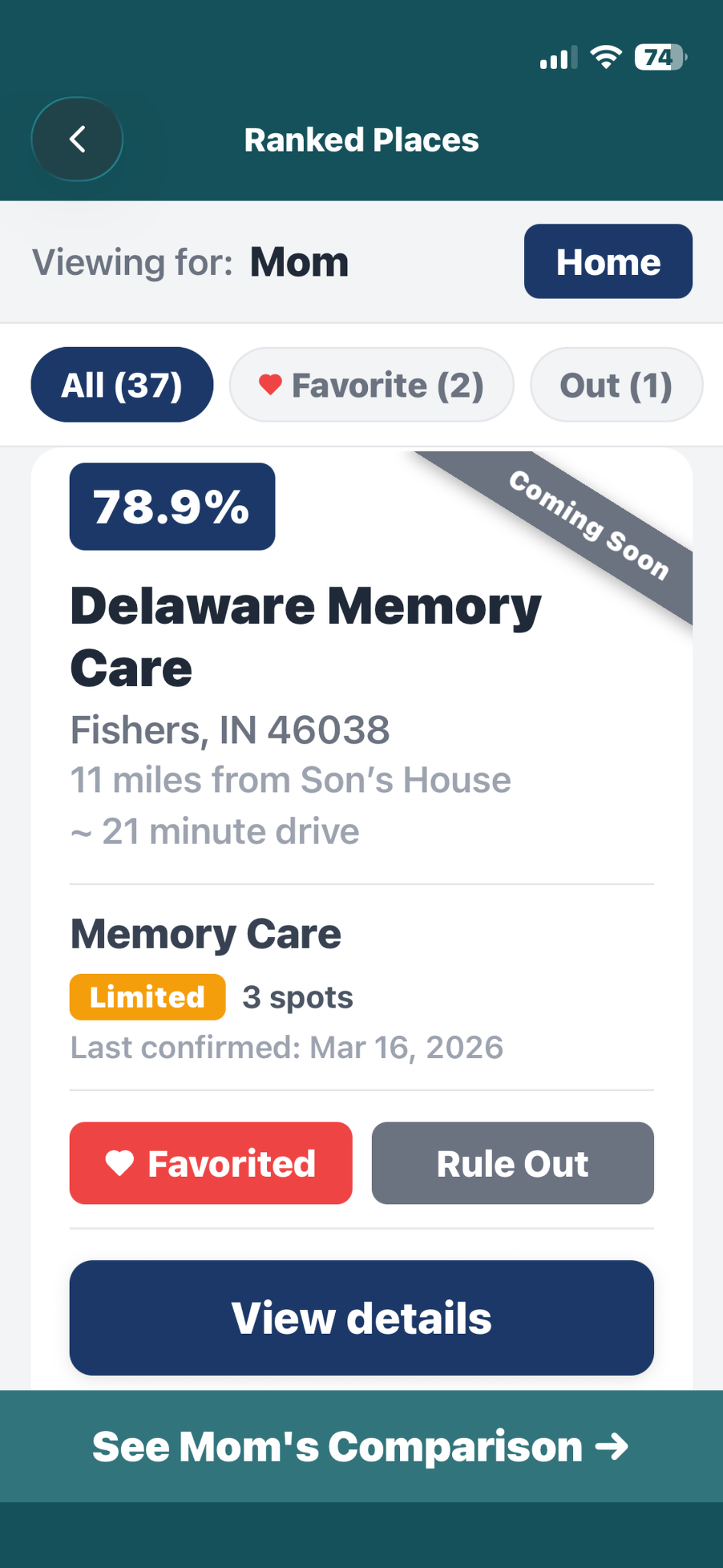 Ranked places screen