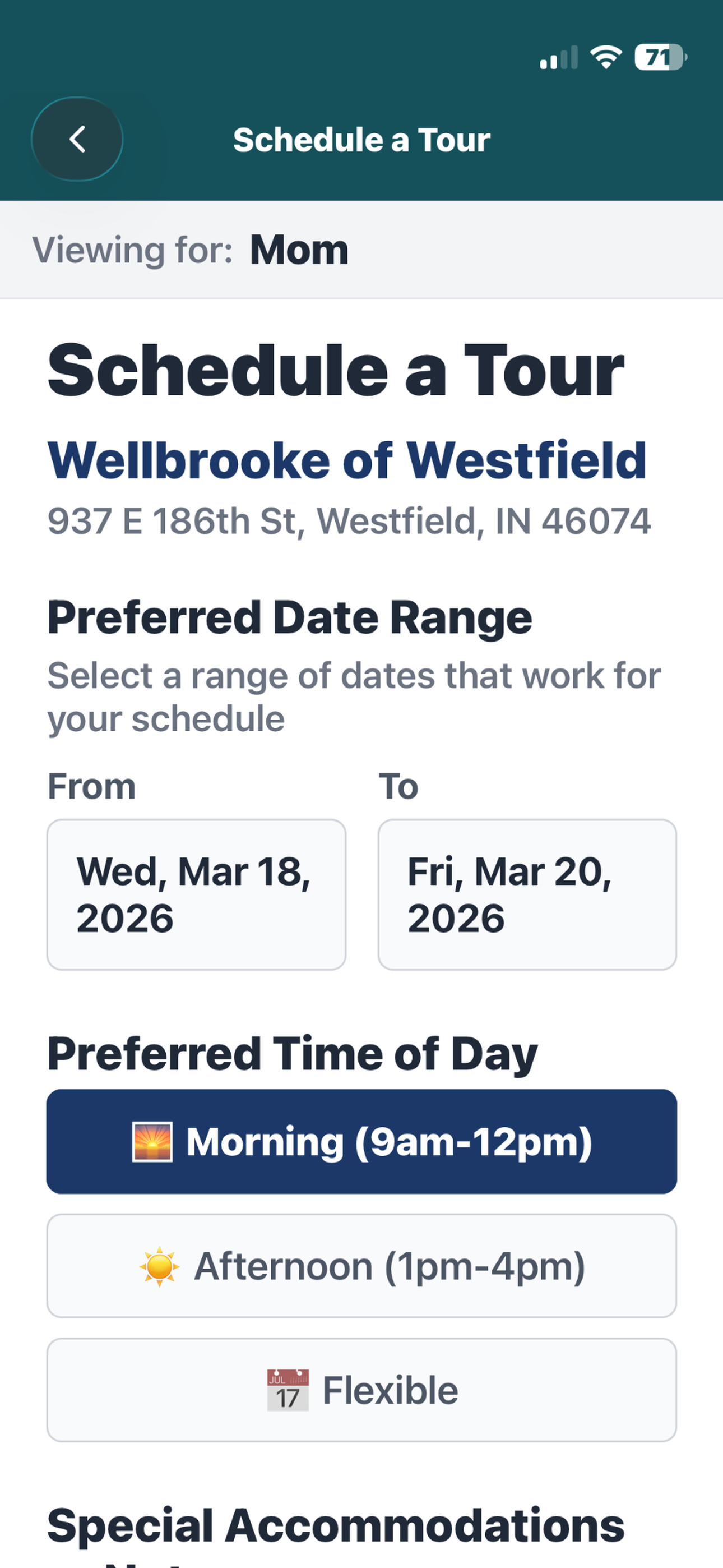 Schedule a tour screen