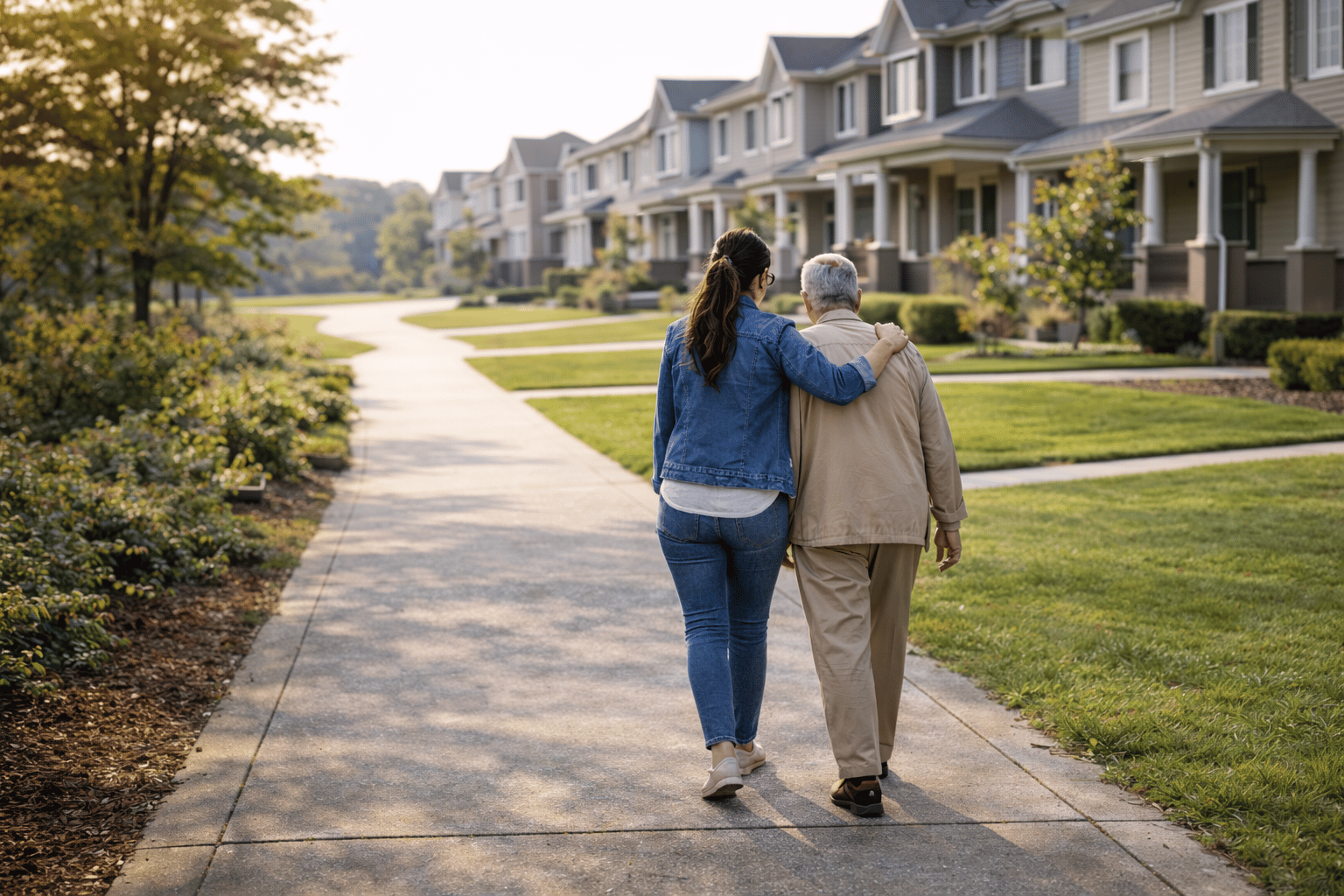 Adult son walking with elderly father in a park - senior living guidance