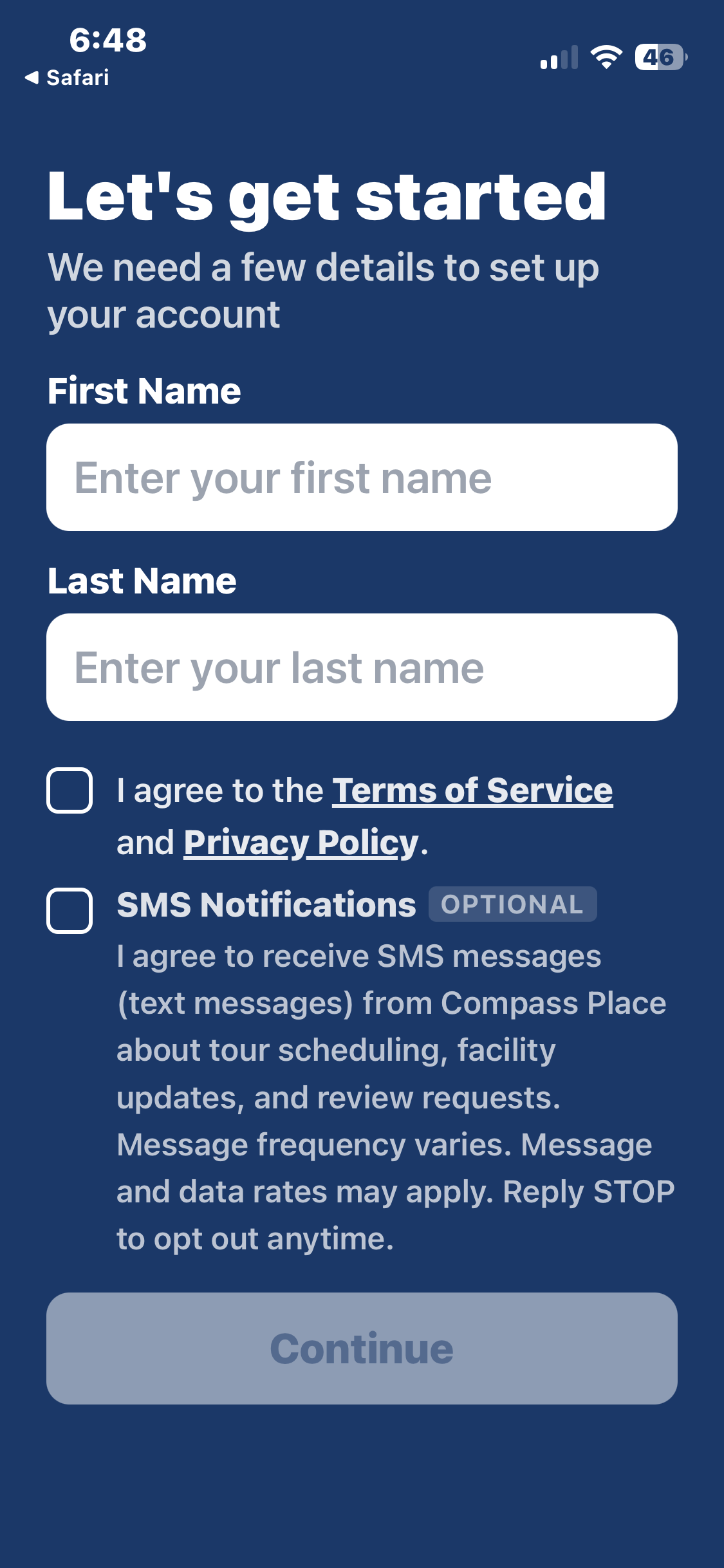 User enters first and last name