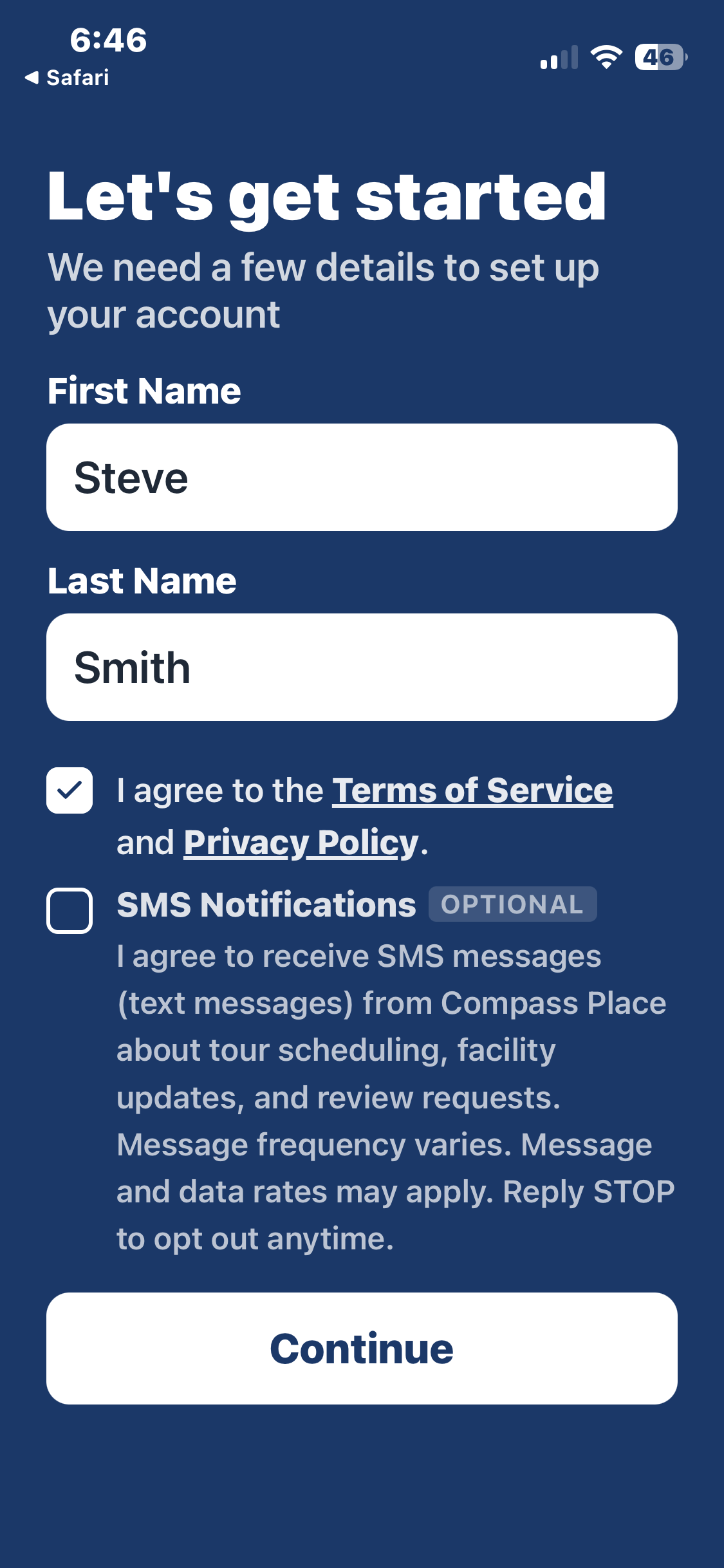 User checks optional sms consent checkbox